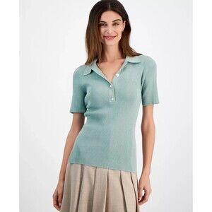 Tahari ASL Women's Warm And Cozy Rib-Knit Polo Sweater Top Dusty Aqua Size L